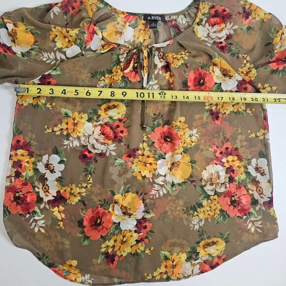 A Byer Brown Floral Sheer Short Sleeve Top Large Tie Neck - Picture 4 of 7